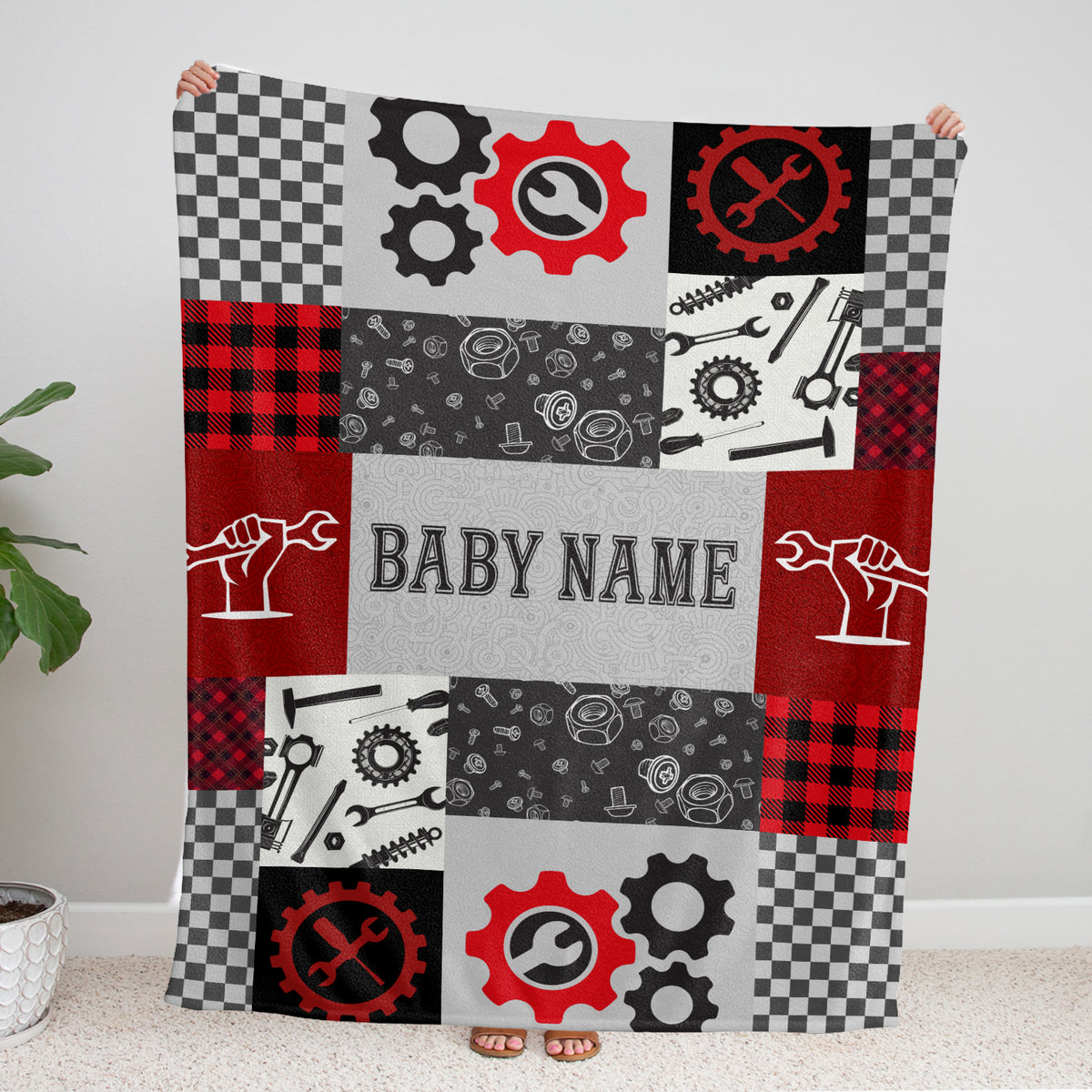 Mechanic Personalized Baby Blankets for Boys & Girls, Custom Swaddle Blanket - Red Plush for Newborns to Toddlers