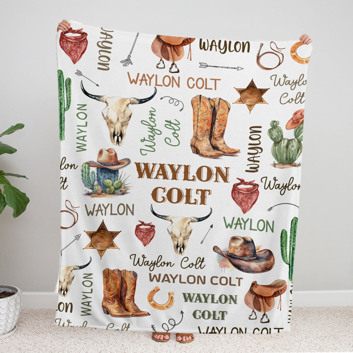 Monogrammed Blankets Cowboy Pattern, Western Baby Stuff, Personalized Baby Blankets for Boys Girls, Newborn Infant