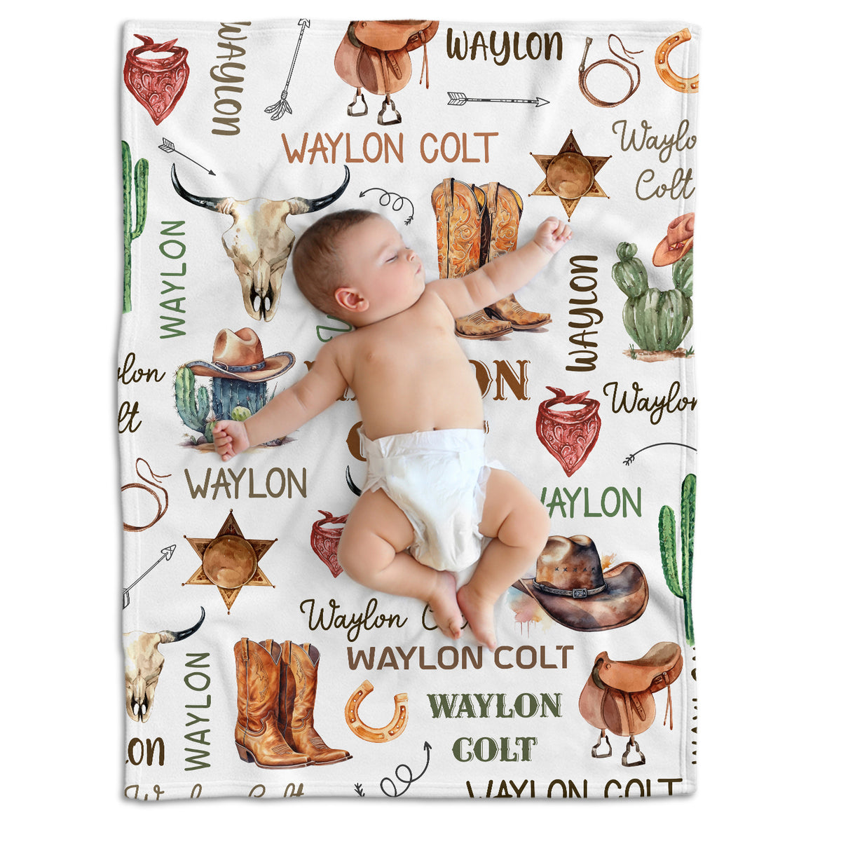 Monogrammed Blankets Cowboy Pattern, Western Baby Stuff, Personalized Baby Blankets for Boys Girls, Newborn Infant