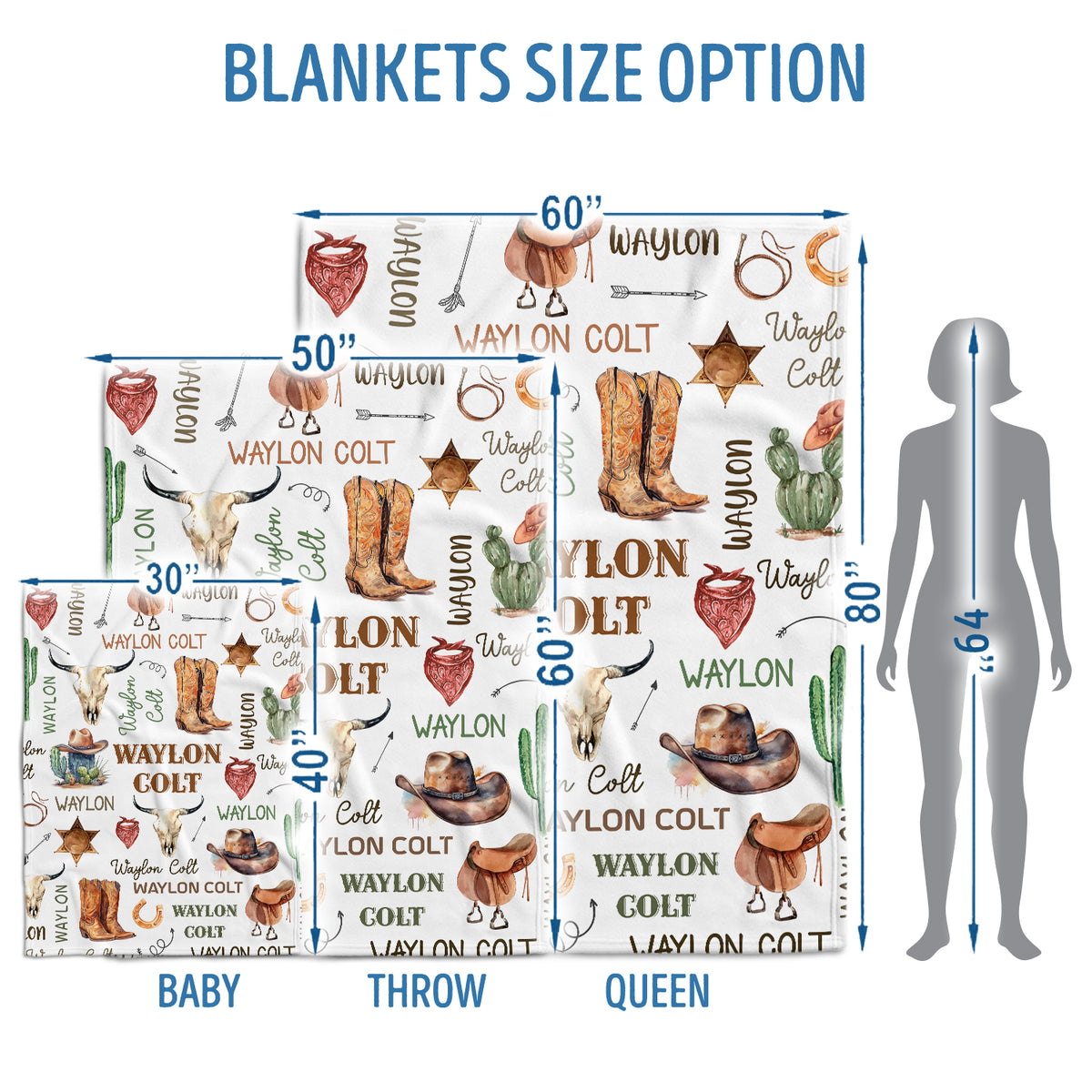 Monogrammed Blankets Cowboy Pattern, Western Baby Stuff, Personalized Baby Blankets for Boys Girls, Newborn Infant