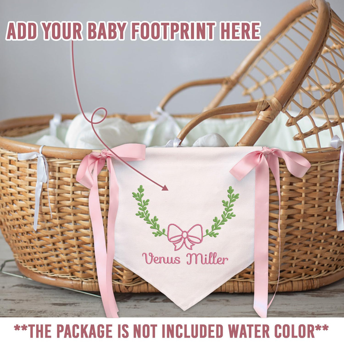 Newborn Footprint Baby Banner with Bows, Personalized Embroidered Baby Name Flag, Newborn Photo Prop, Baby Birth Announcement Sign, Baby Shower Gifts