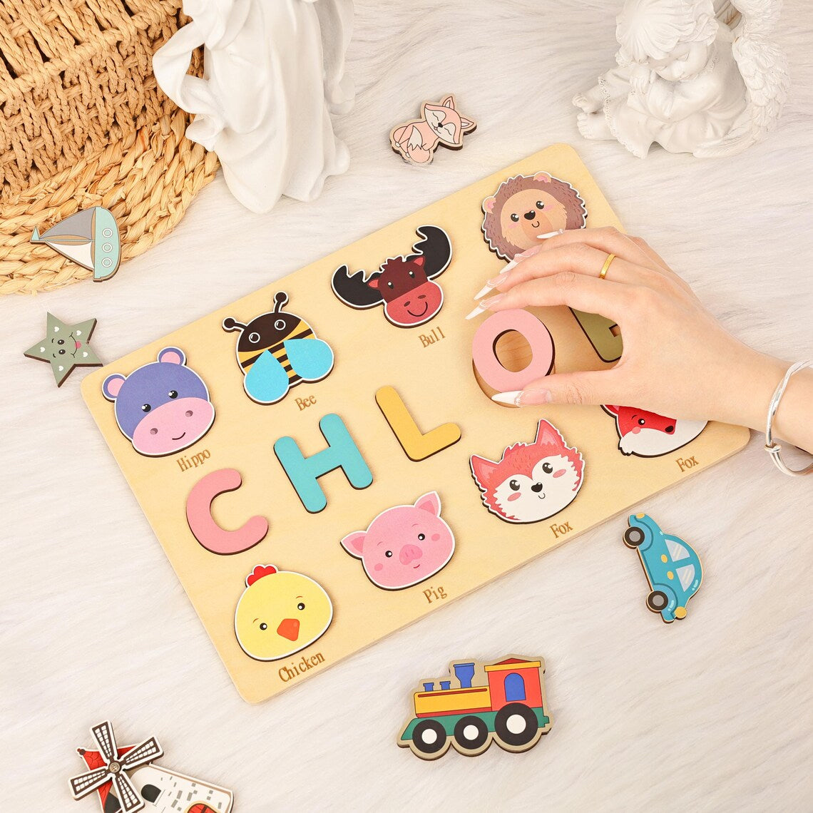 Personalized Animals Busy Board Puzzle, Wooden Name Puzzle, Nursery Decor, Custom Gifts for Kids, Wooden Toys for Baby, Toddler Gift