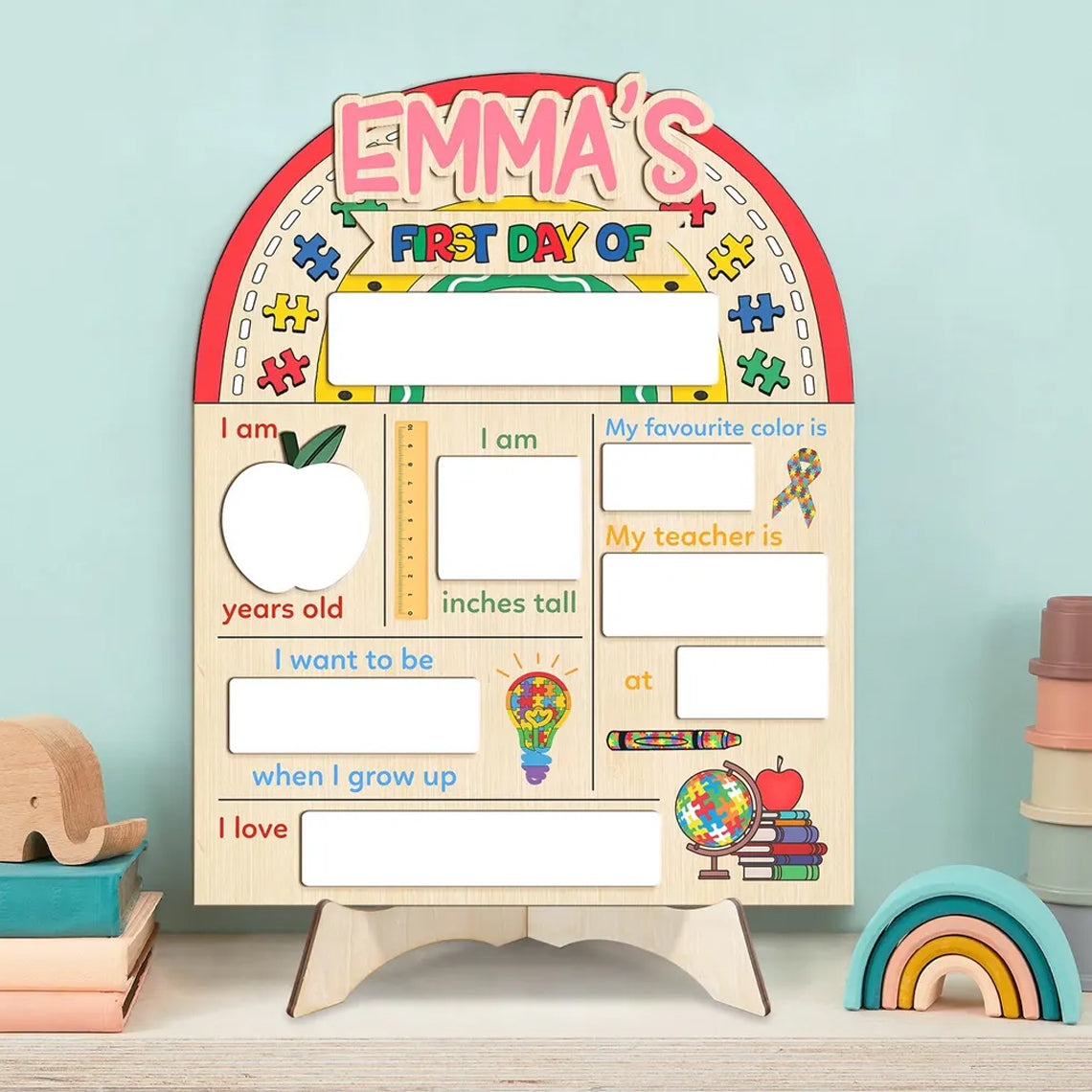 Personalized Autism First & Last Day Of School Wooden Reusable School Sign, Back To School Sign For Autism Kids