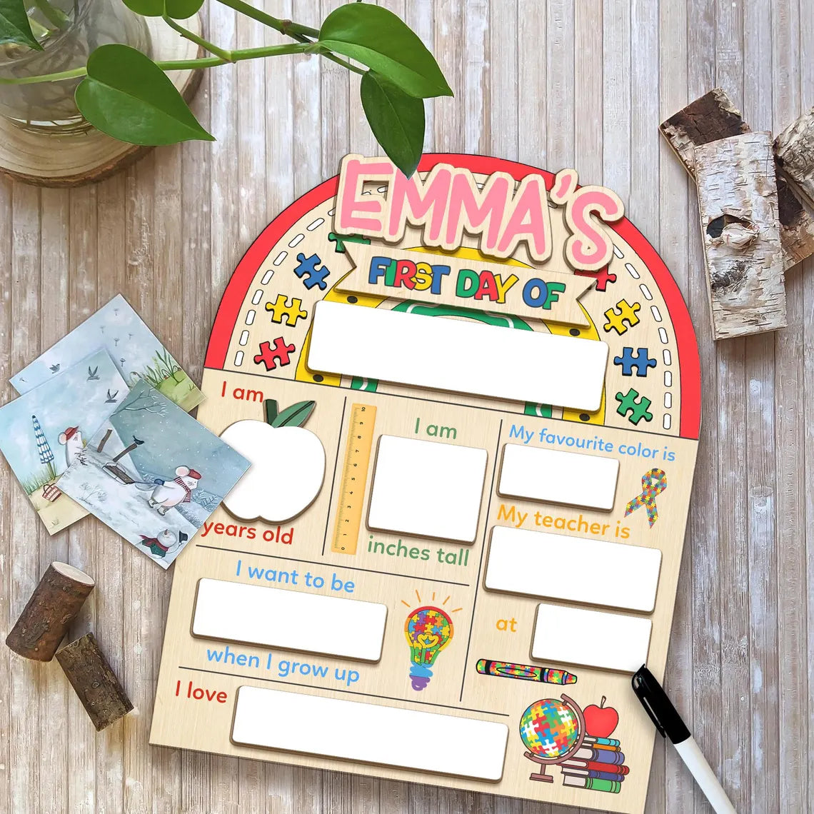 Personalized Autism First & Last Day Of School Wooden Reusable School Sign, Back To School Sign For Autism Kids