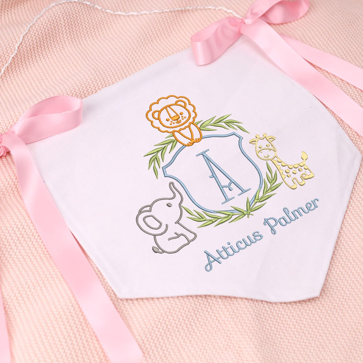 Personalized Baby Announcement Sign with Embroidered Animals, Baby Canvas Hanging Pennant Flag, Great gift for baby, Newborn Baby Banner with Bows Ribbon
