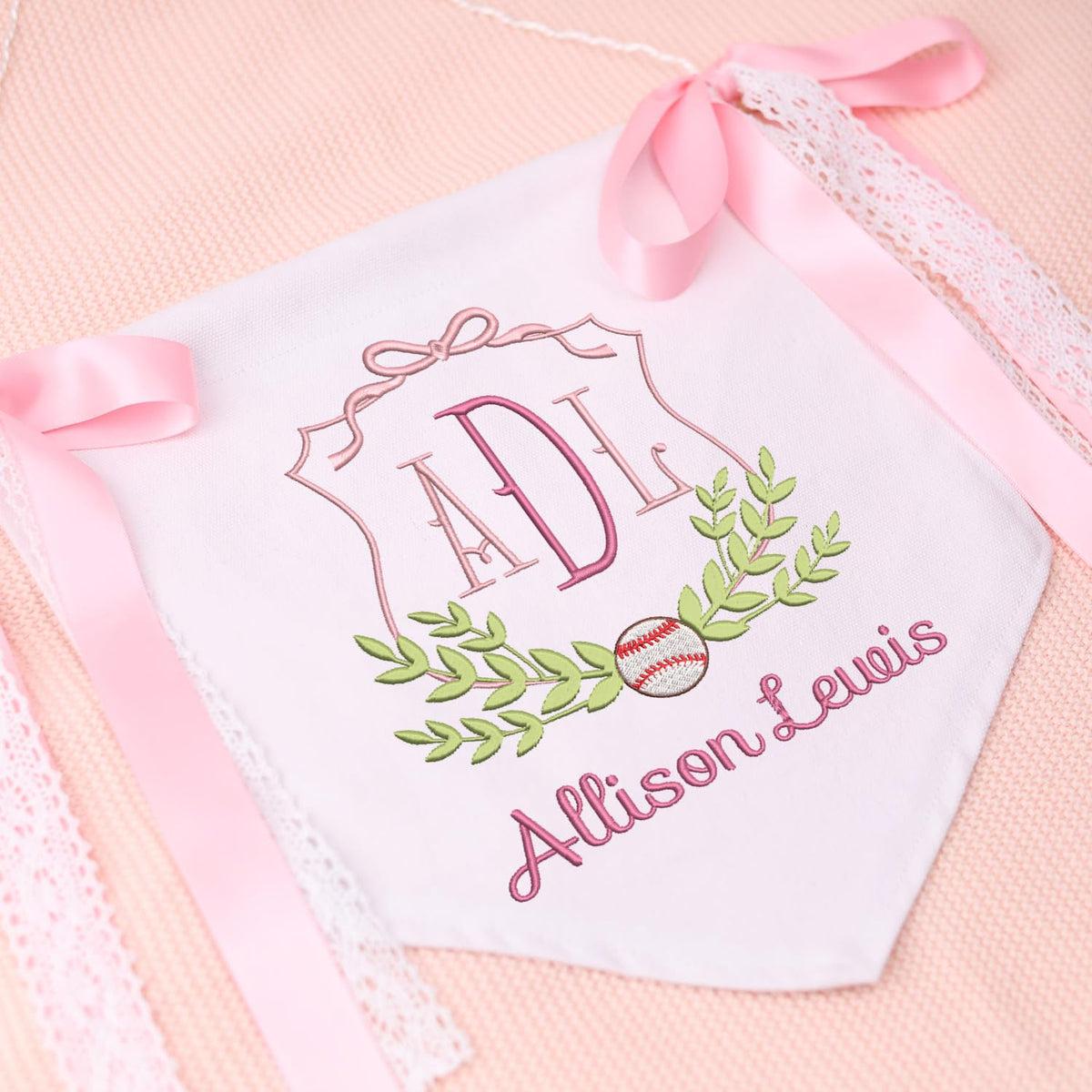 Personalized Baby Announcement Sign with Embroidered Ball Theme, Baby Canvas Hanging Pennant Flag, Newborn Baby Banner with Bows Ribbon