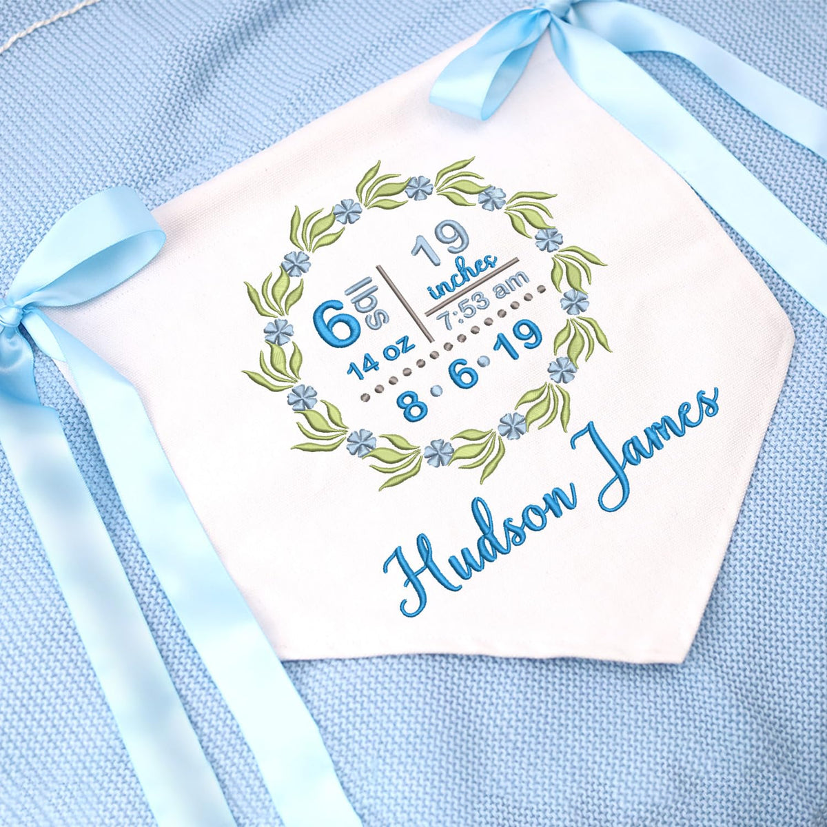 Personalized Baby Announcement Sign with Embroidered Birth Stat, Great gift for baby, Baby Canvas Hanging Pennant Flag, Newborn Baby Banner with Bows Ribbon