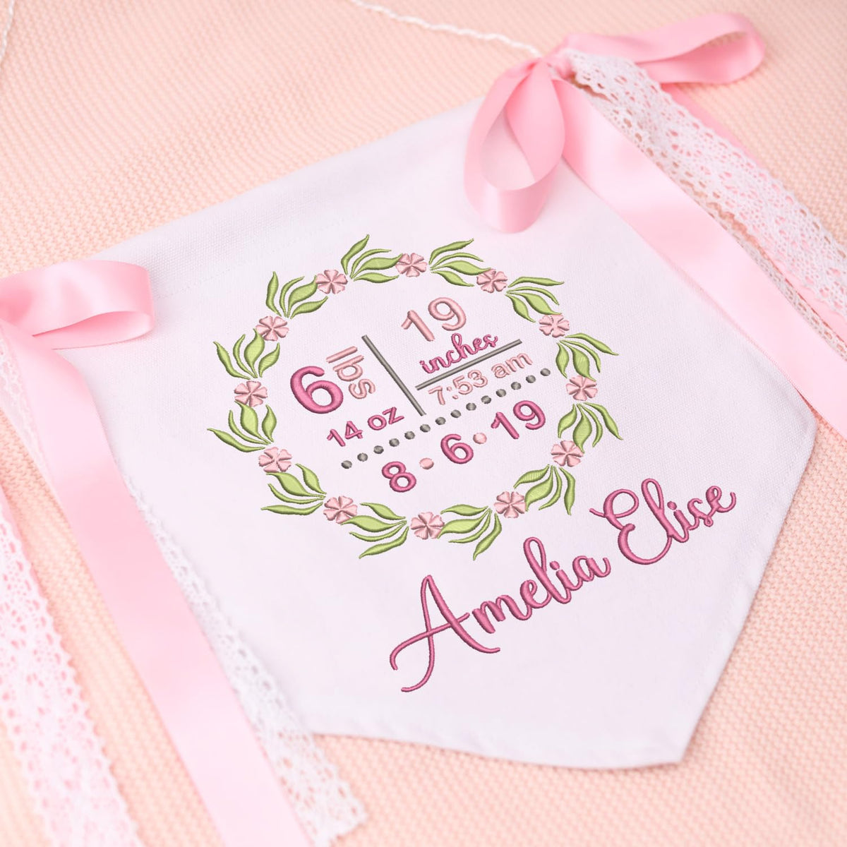 Personalized Baby Announcement Sign with Embroidered Birth Stat, Great gift for baby, Baby Canvas Hanging Pennant Flag, Newborn Baby Banner with Bows Ribbon