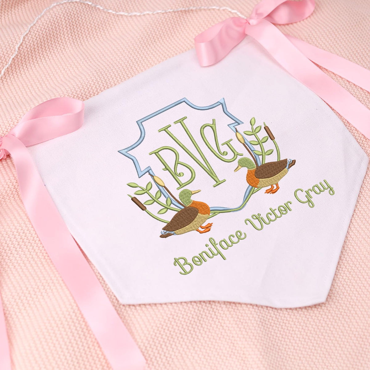 Personalized Baby Announcement Sign with Embroidered Hunting Duck, Baby Canvas Hanging Pennant Flag, Newborn Baby Banner with Bows Ribbon