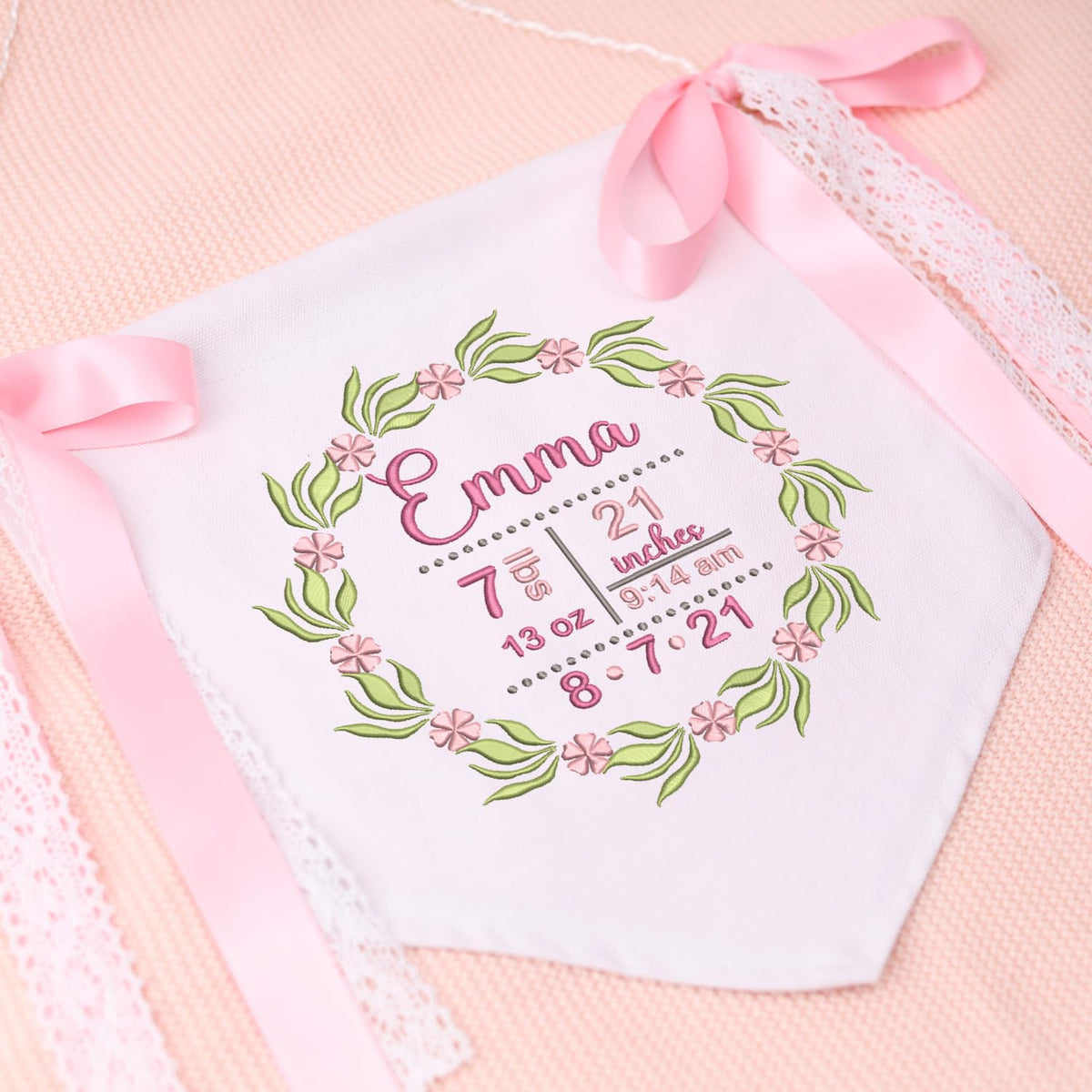 Personalized Baby Banner Flag, Baby Announcement Sign with Embroidered Birth Stat, Baby Canvas Hanging Pennant Flag, Newborn Baby Banner with Bows Ribbon
