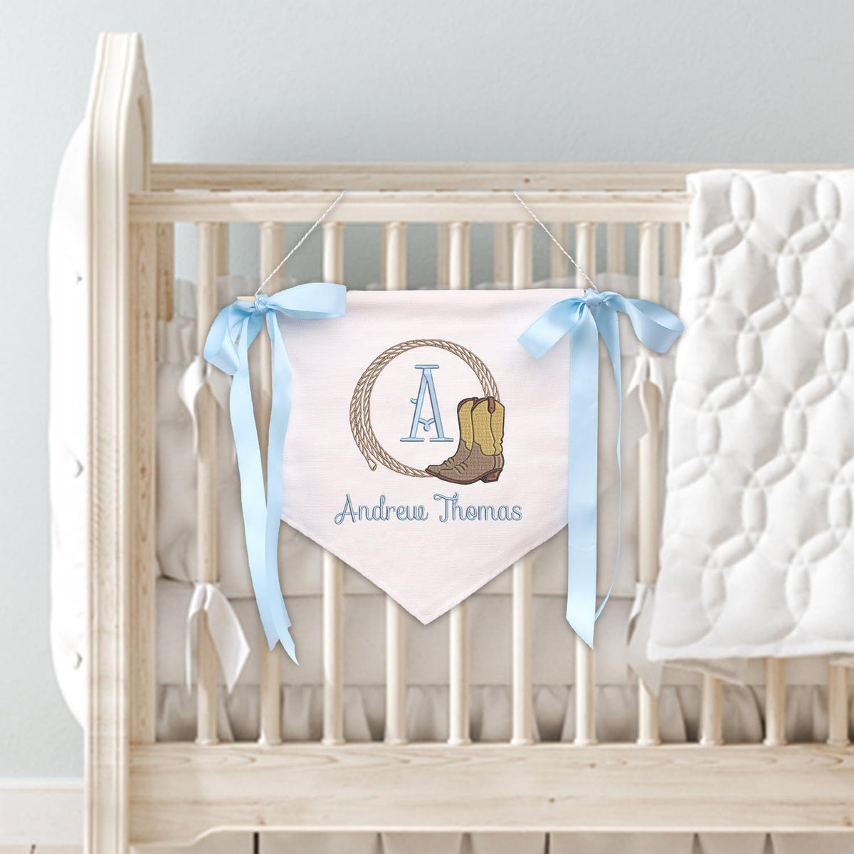 Personalized Baby Banner Flag, Baby Canvas Hanging Pennant Flag, Newborn Baby Banner with Bows Ribbon, Nursery Wall Crib Décor, Gift For Baby