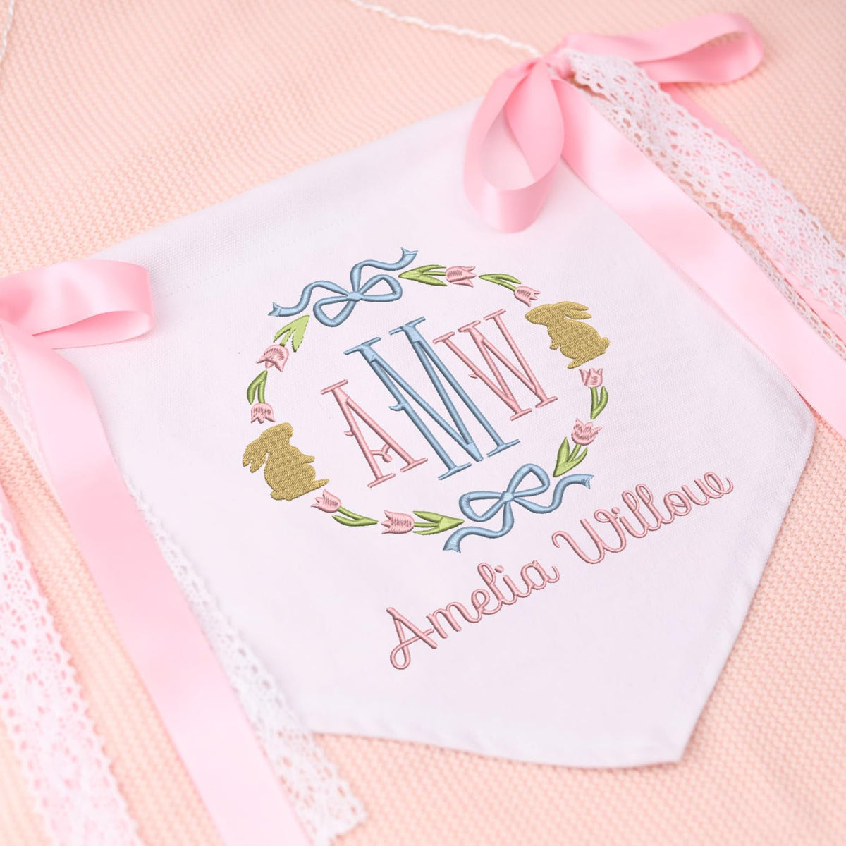 Personalized Baby Banner with Embroidered Rabbit Name, Welcome Banner, Baby Crib Hanging Pennant Flag, Baby Room Front Door Sign, Nursery Wall Décor
