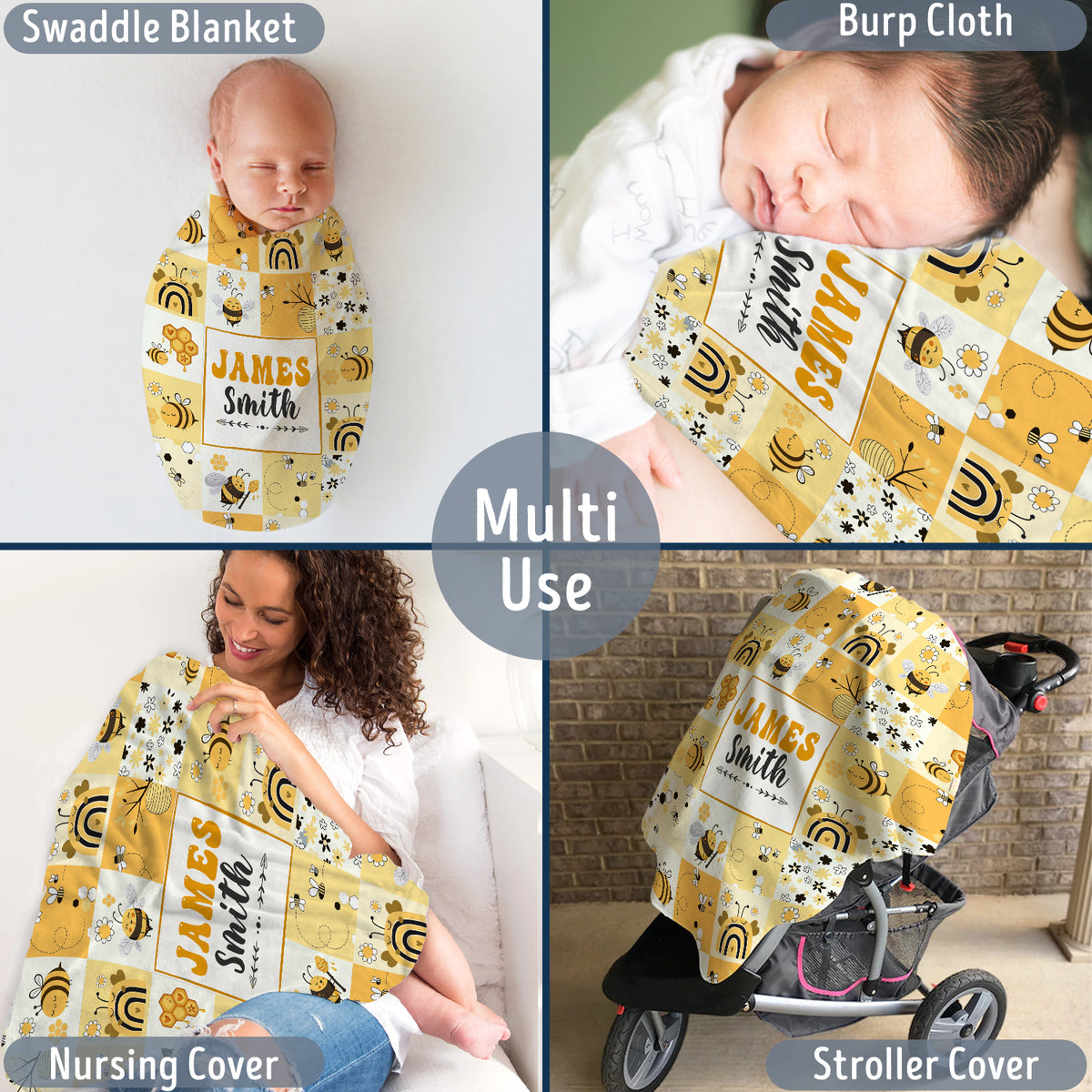 Personalized Baby Bee Blankets - Plush & Swaddle Blankets for Newborn (3 Sizes)