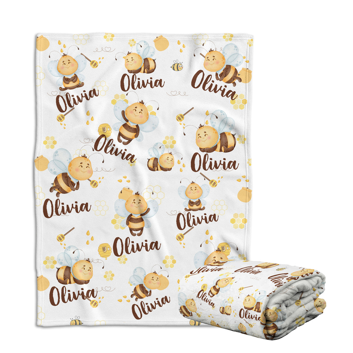 Personalized Baby Blanket for Girls - Bee Swaddle Blanket, Custom Name, 3 Sizes Plush for Daughter, Granddaughter, Newborn, Infant