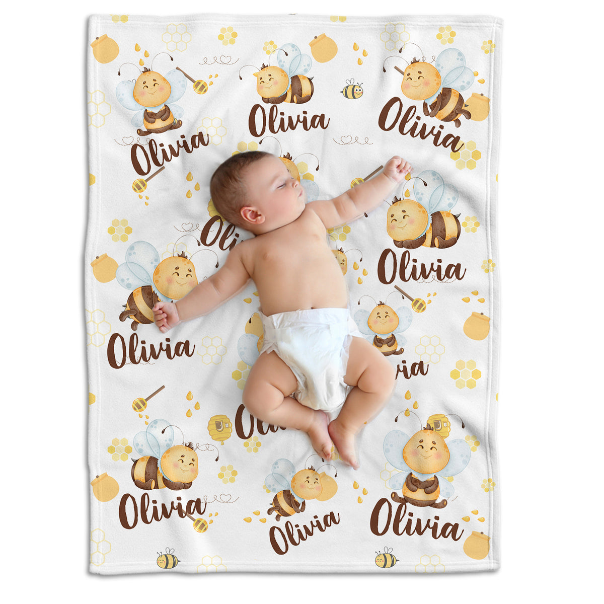 Personalized Baby Blanket for Girls - Bee Swaddle Blanket, Custom Name, 3 Sizes Plush for Daughter, Granddaughter, Newborn, Infant