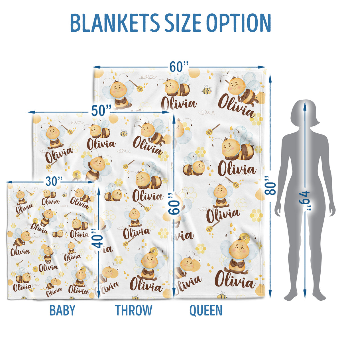 Personalized Baby Blanket for Girls - Bee Swaddle Blanket, Custom Name, 3 Sizes Plush for Daughter, Granddaughter, Newborn, Infant