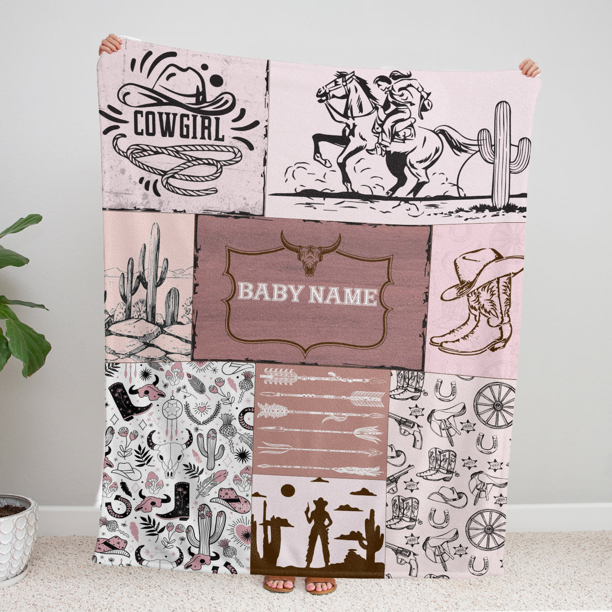 Personalized Baby Blanket for Girls, Pink Cowboy Style, Custom Name, 3 Sizes Fleece Blankets for Infant, Newborn Son & Daughter