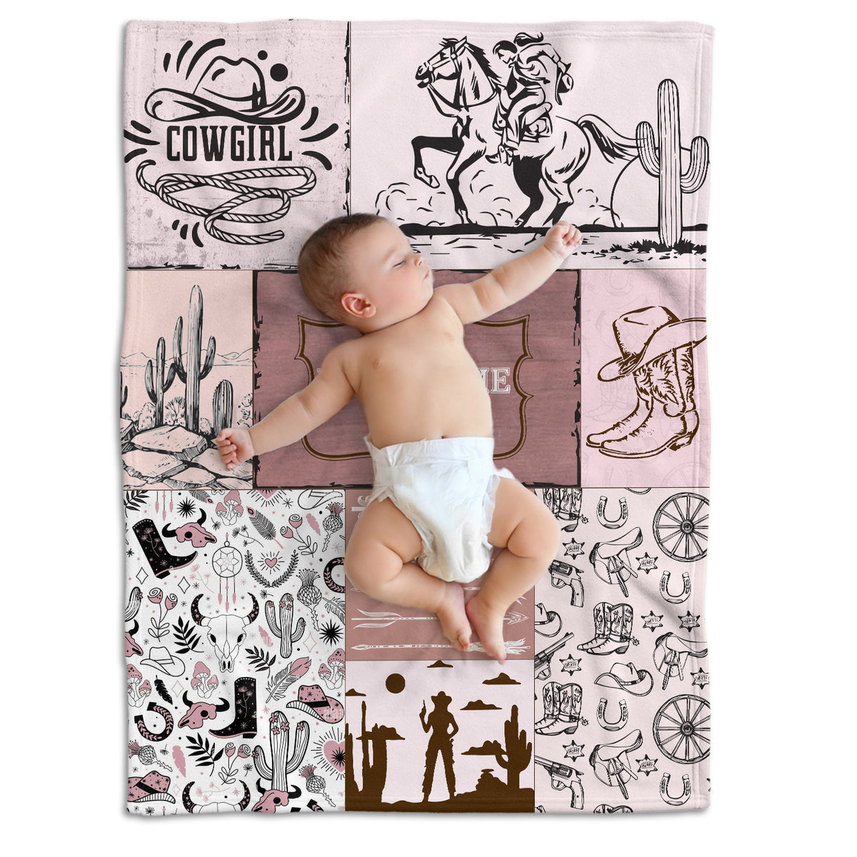 Personalized Baby Blanket for Girls, Pink Cowboy Style, Custom Name, 3 Sizes Fleece Blankets for Infant, Newborn Son & Daughter