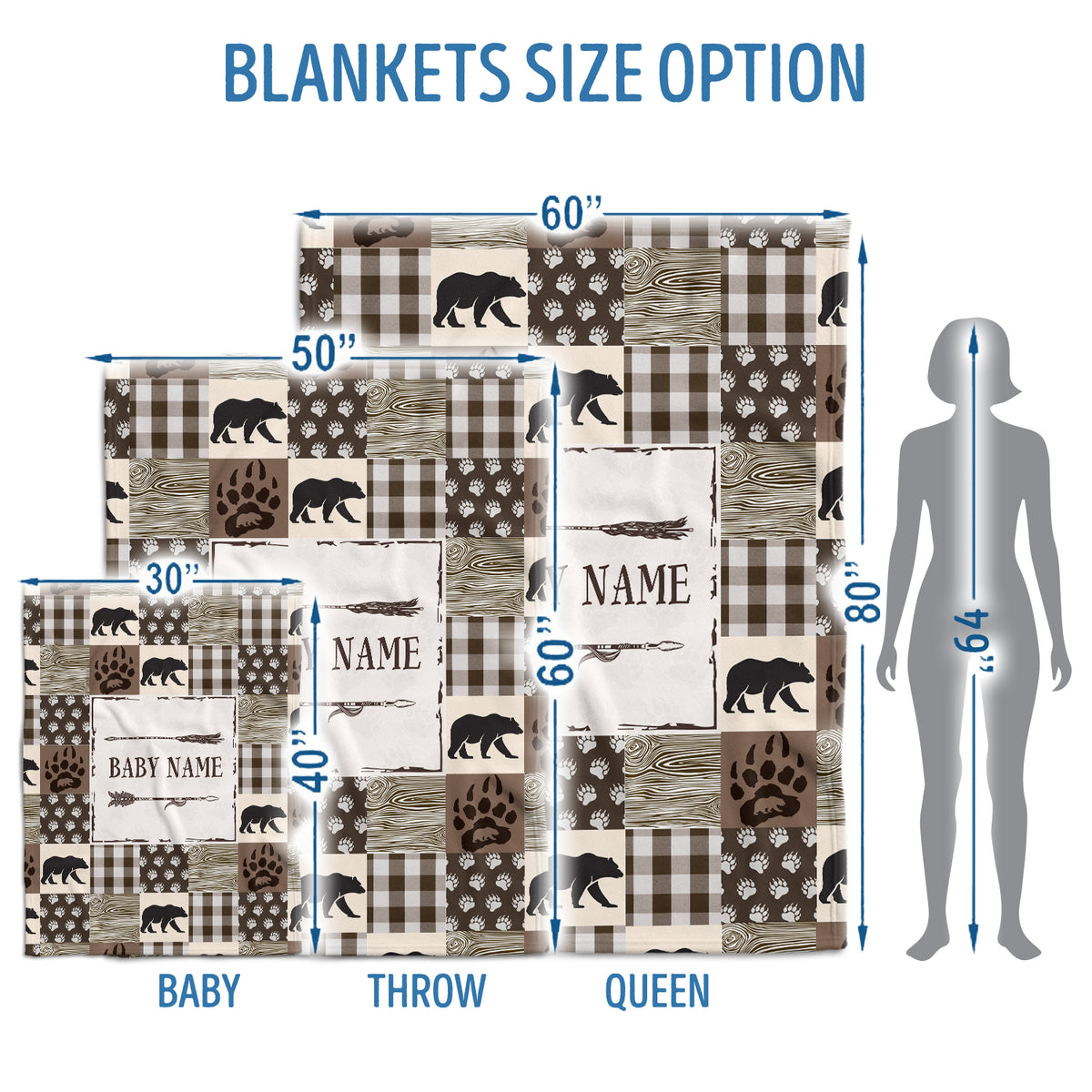Personalized Baby Blankets, Baby Bear Blanket Custom Name, Swaddle Blanket, 3 Sizes Plush Blankets for Son Newborn Infant