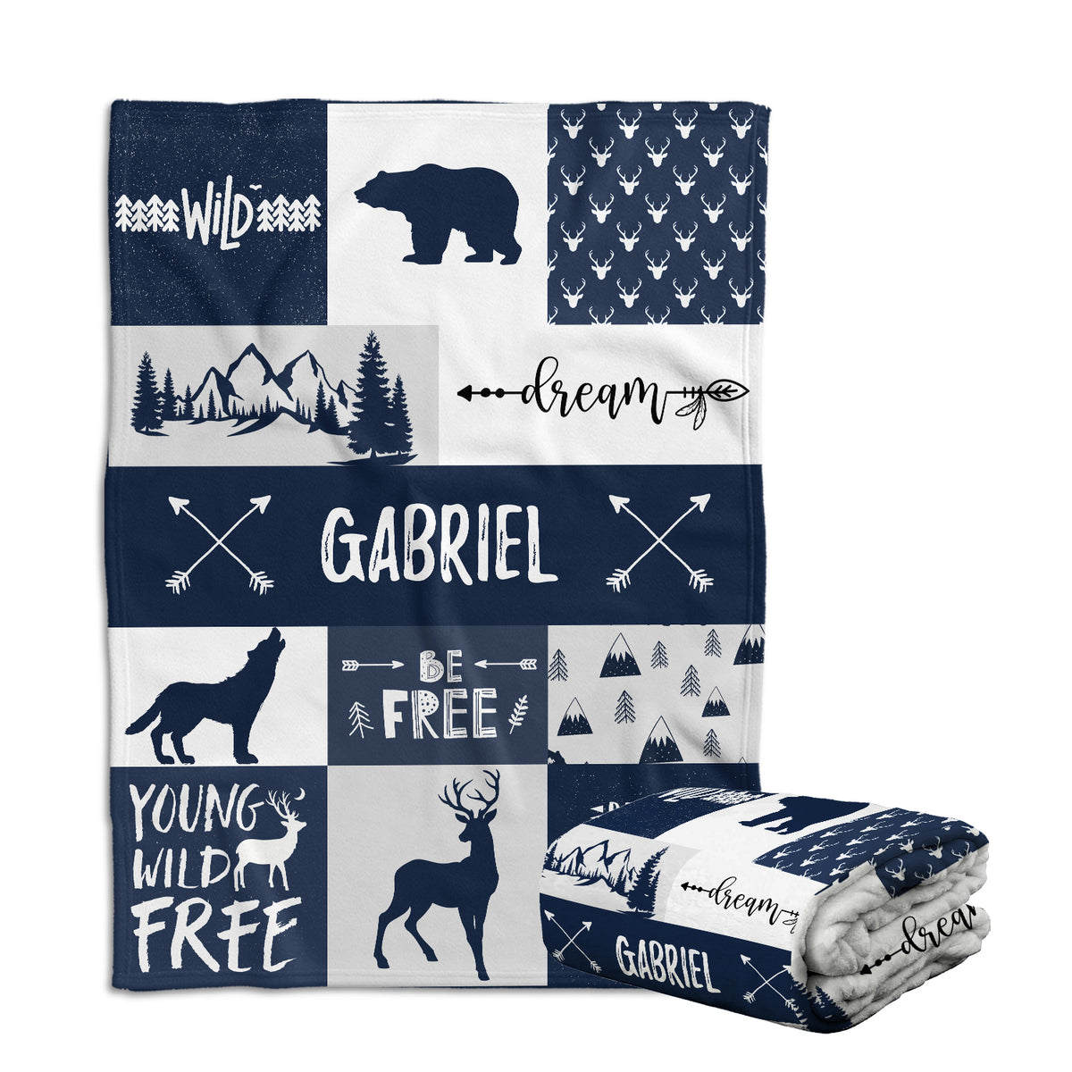 Personalized Baby Blankets, Blue Deer Bear Wolf Swaddle Blanket, 3 Sizes Plush Blankets for Baby Boy Son And Girls