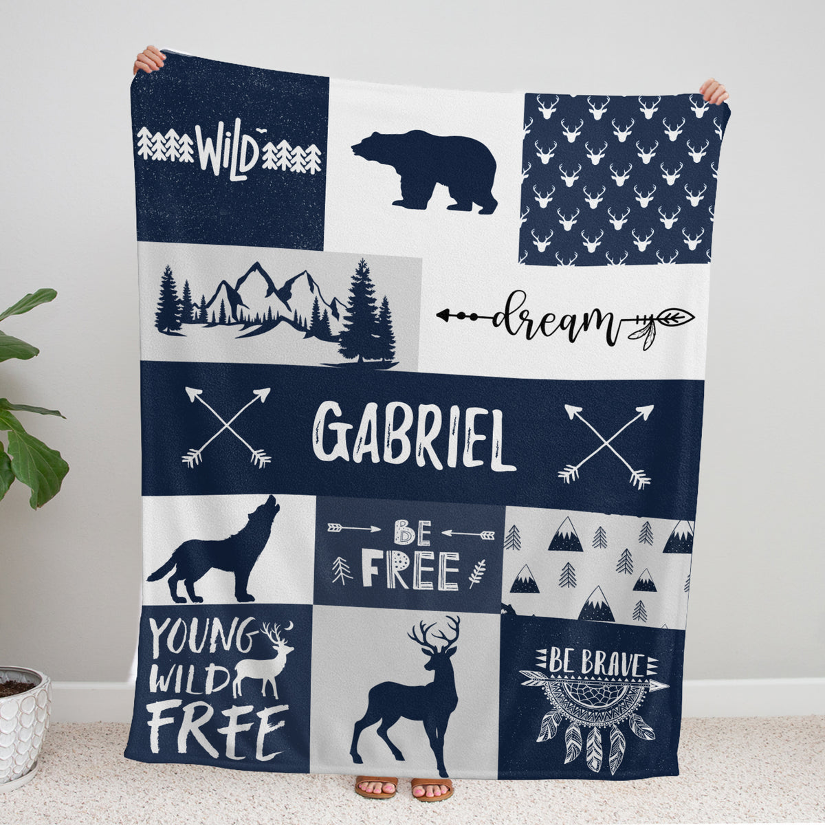 Personalized Baby Blankets, Blue Deer Bear Wolf Swaddle Blanket, 3 Sizes Plush Blankets for Baby Boy Son And Girls