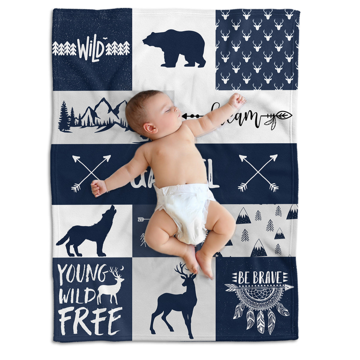 Personalized Baby Blankets, Blue Deer Bear Wolf Swaddle Blanket, 3 Sizes Plush Blankets for Baby Boy Son And Girls