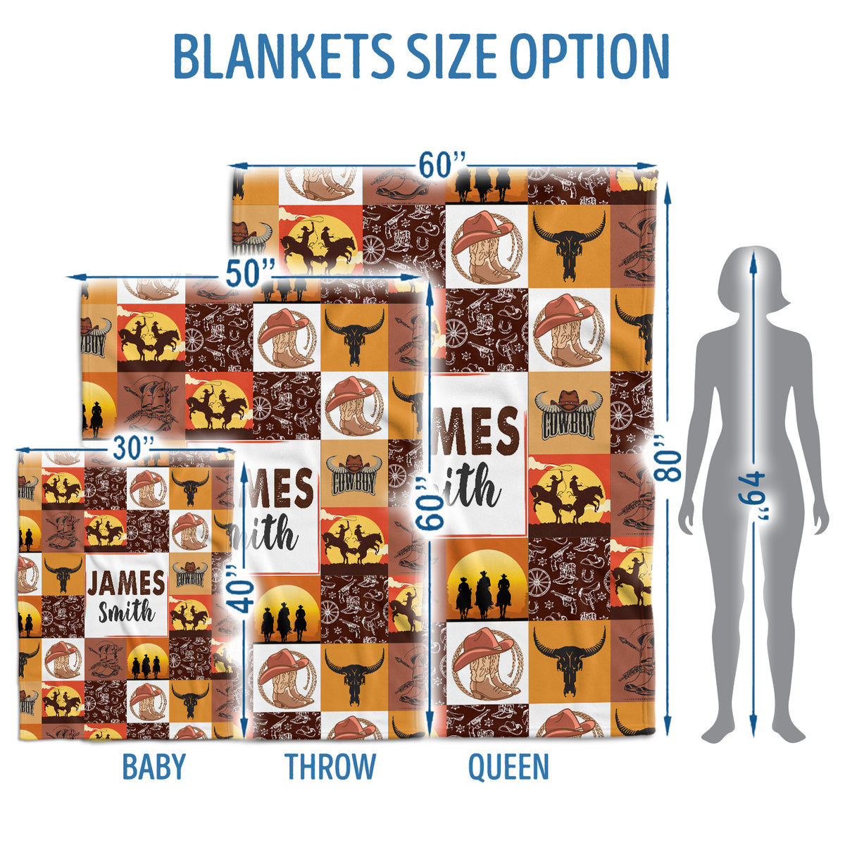 Personalized Baby Blankets - Custom Name, Cowboy Western Theme, 3 Sizes (Infant to Toddler), Fleece for Boys & Girls