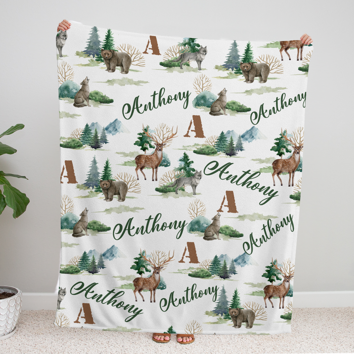 Personalized Baby Blankets, Deer Bear Wolf Swaddle Blanket, 3 Sizes Plush Blankets for Baby Boy Son Newborn