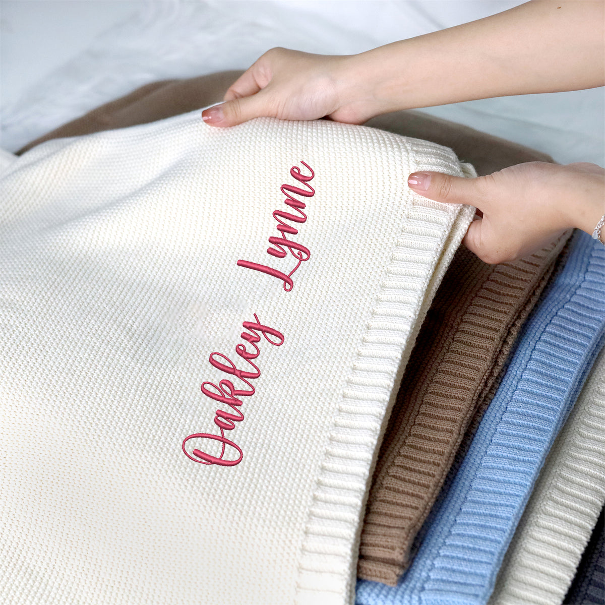 Personalized Baby Blankets Embroidered Name for Boys Girls, Cotton Knit Embroidery Blanket, Gift For Baby