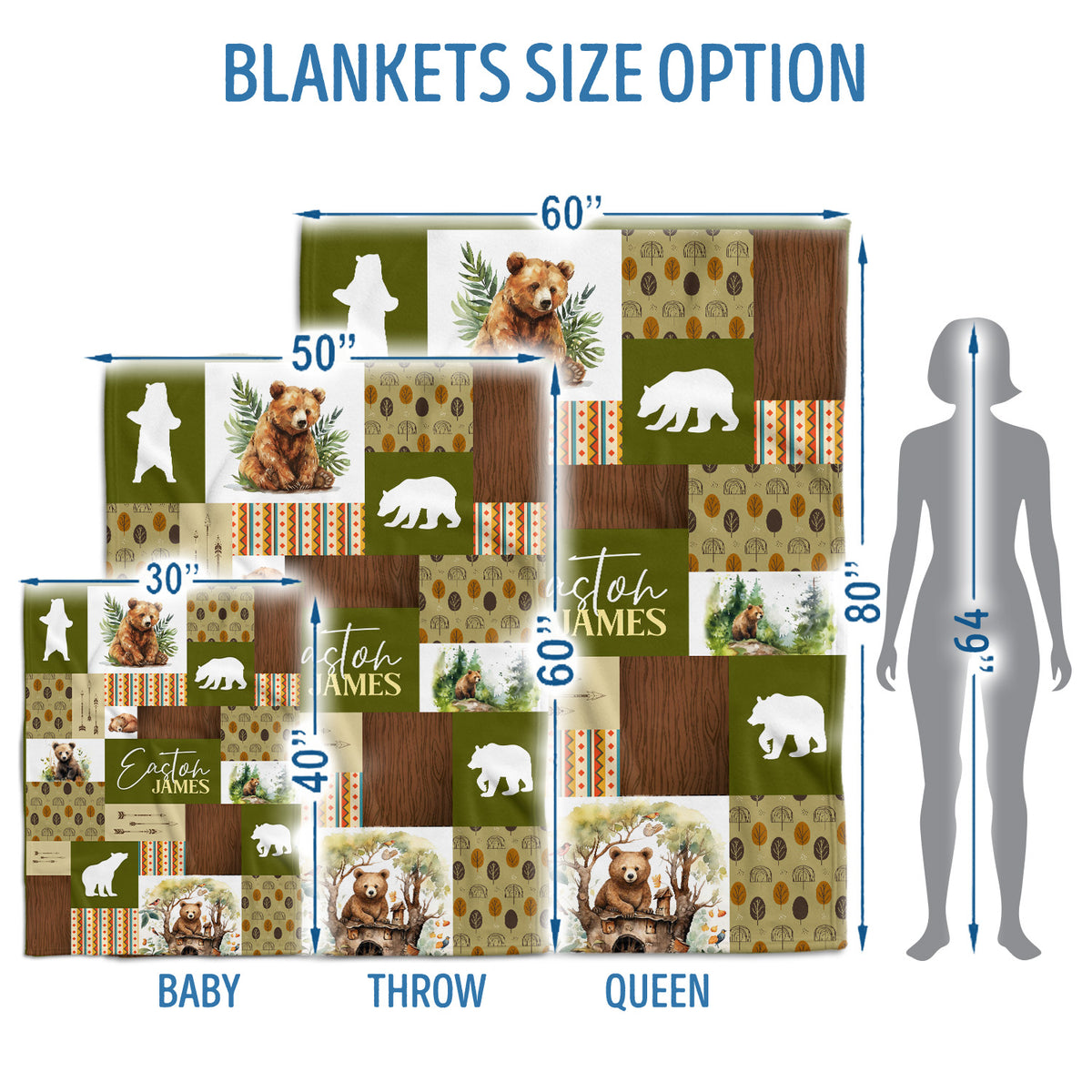 Personalized Baby Blankets For Baby, Baby Woodland Blanket for Toddler Baby Nursery Bed Blankets Stroller Crib Shower Gifts (Blanket Bear)