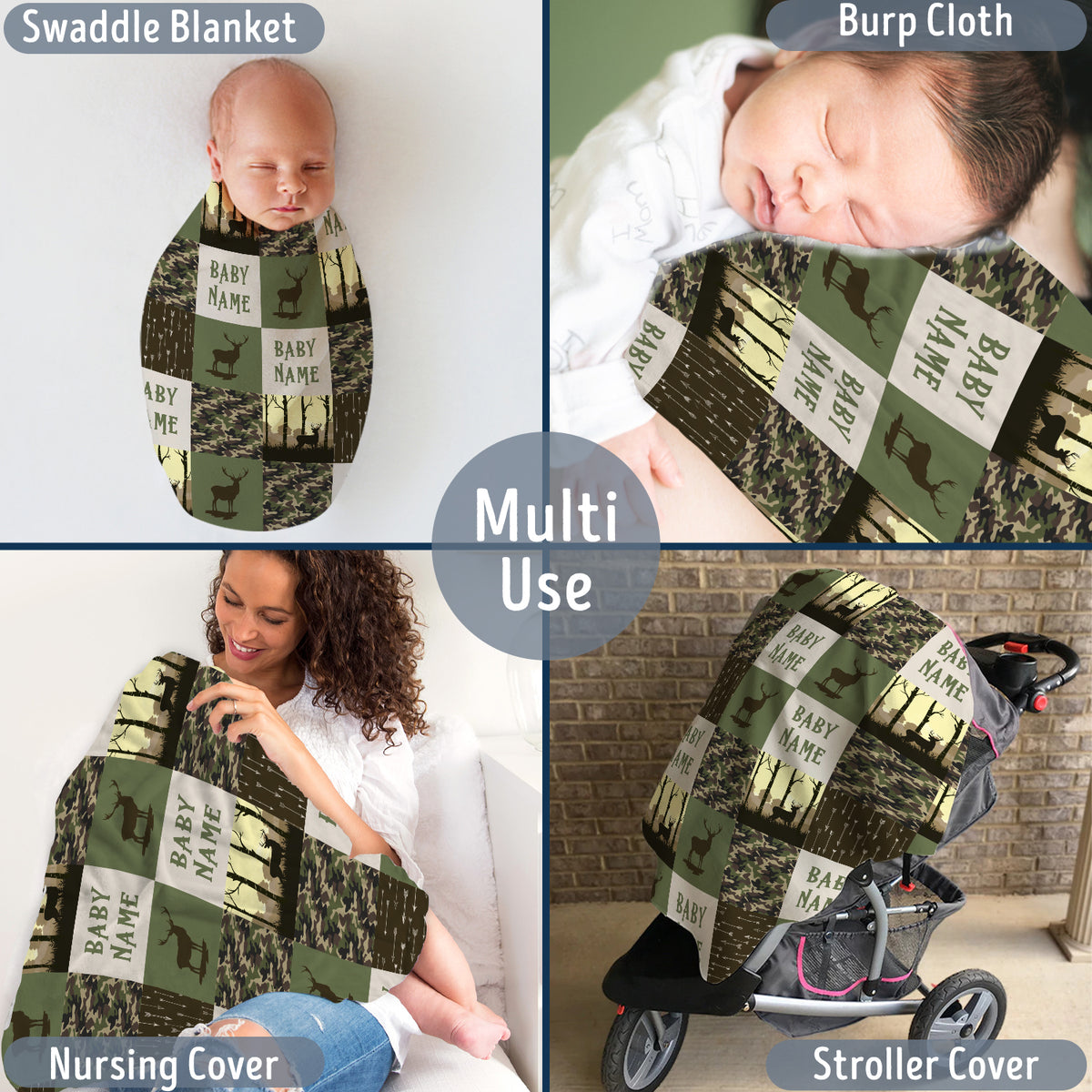Personalized Baby Blankets Name, Baby Deer Camo Swaddle Blanket Girls, 3 Sizes Plush Blankets for Son Newborn Infant Son