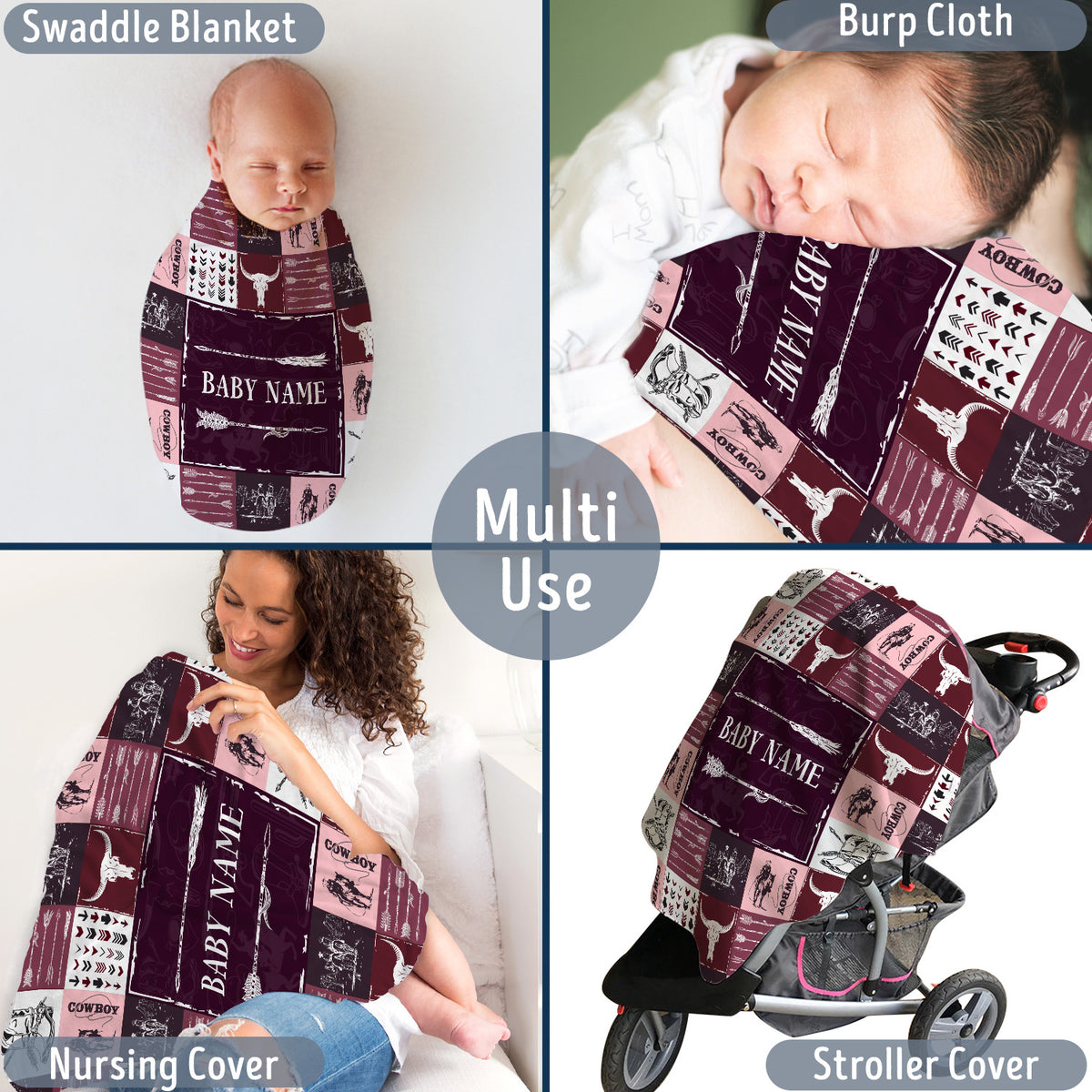 Personalized Baby Blankets - Red Cowboy Pattern, Fleece for Boys & Girls, Newborn to Infant