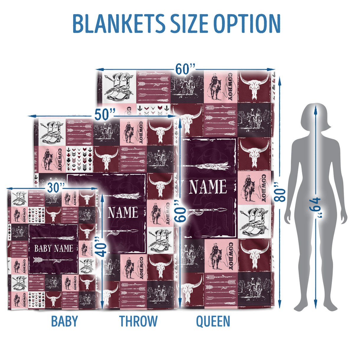Personalized Baby Blankets - Red Cowboy Pattern, Fleece for Boys & Girls, Newborn to Infant