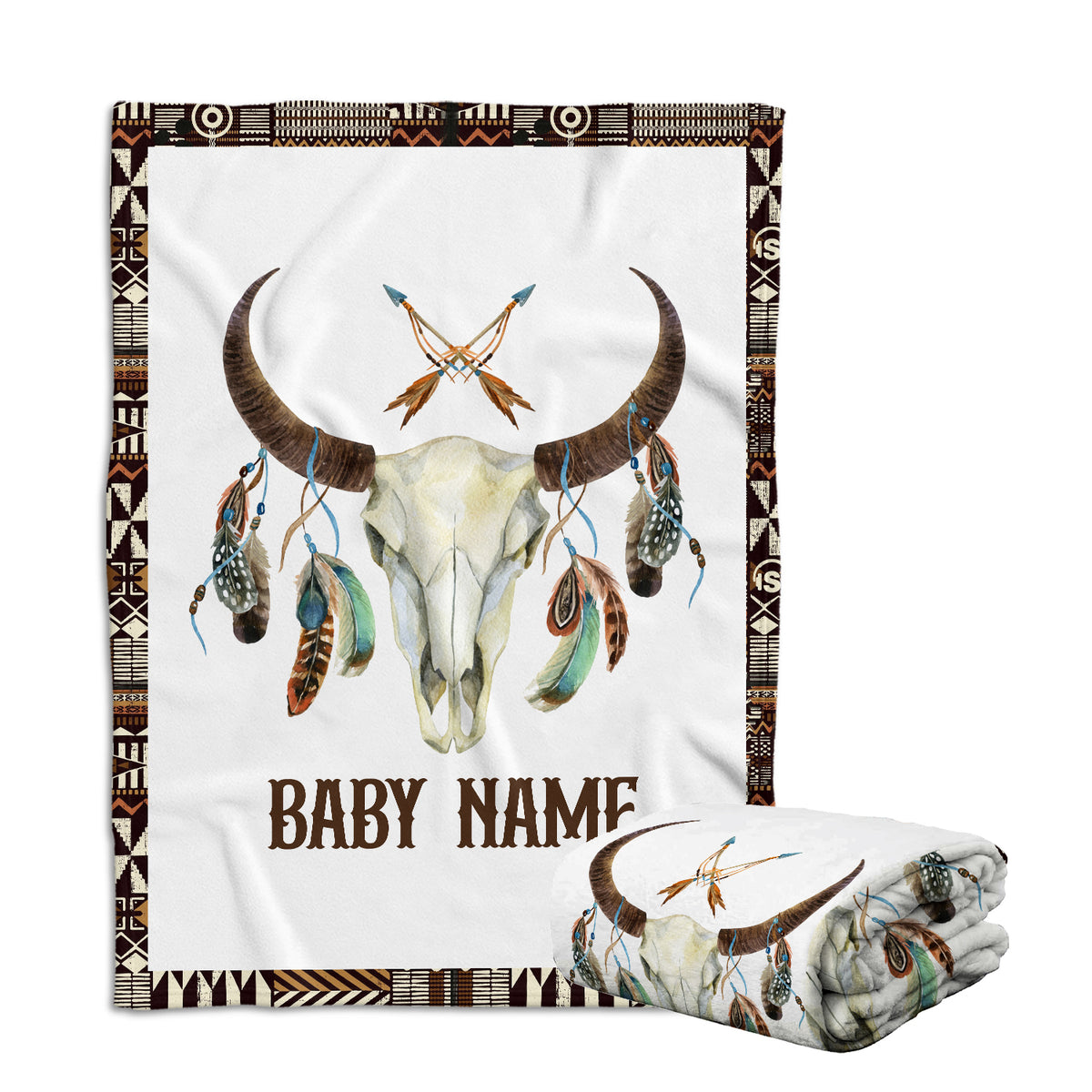 Personalized Baby Blankets, Skull Longhorn Custom Baby Blankets Name, Tribal Pattern Fleece Blankets for Newborn Infant, Gift For Baby
