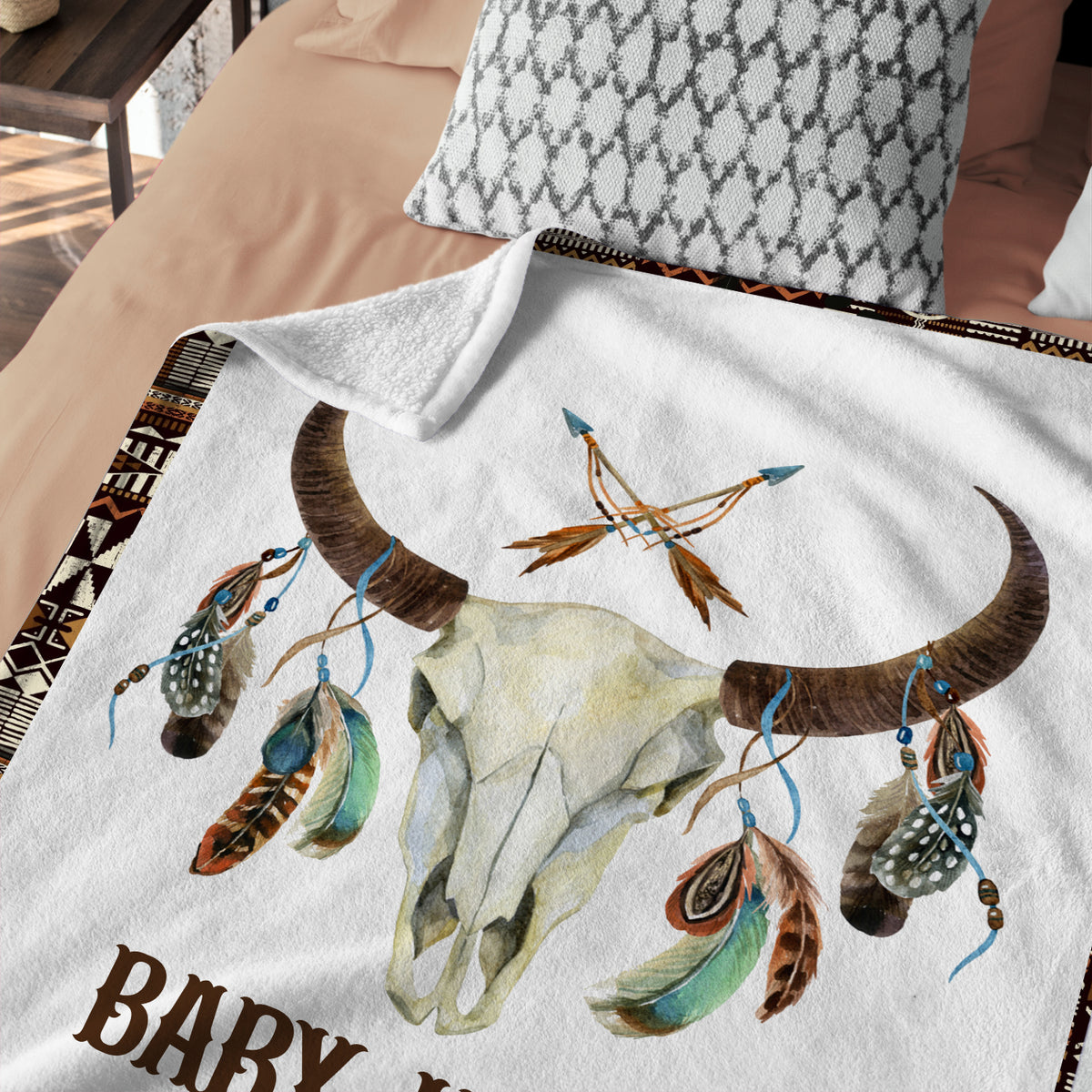 Personalized Baby Blankets, Skull Longhorn Custom Baby Blankets Name, Tribal Pattern Fleece Blankets for Newborn Infant, Gift For Baby