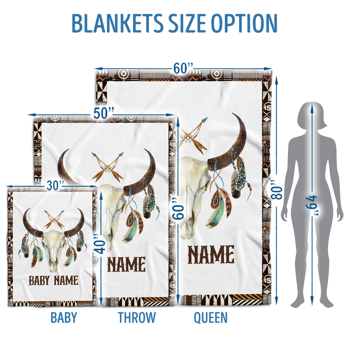 Personalized Baby Blankets, Skull Longhorn Custom Baby Blankets Name, Tribal Pattern Fleece Blankets for Newborn Infant, Gift For Baby