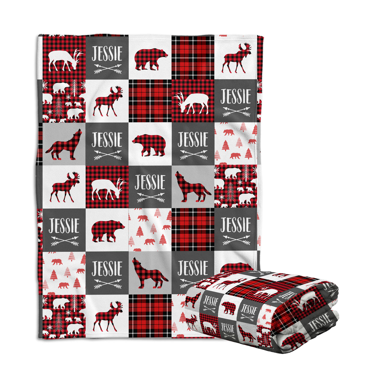Personalized Baby Blankets for Baby, Red Plaid Custom Baby Blankets Name, Deer Bear Wolf Swaddle Blanket, 3 Sizes Plush Blankets for Baby