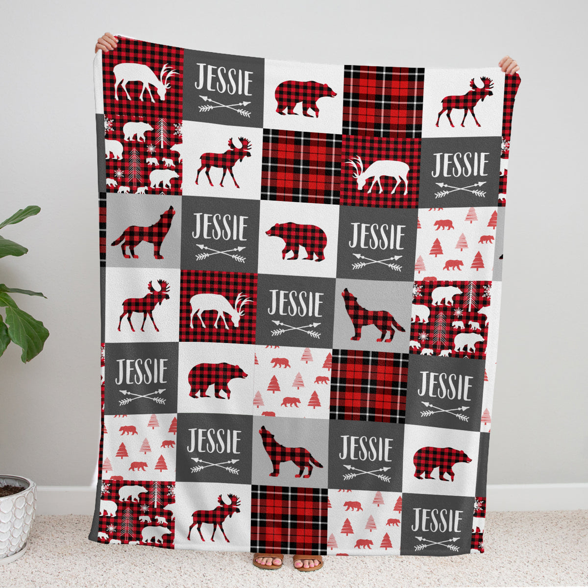 Personalized Baby Blankets for Baby, Red Plaid Custom Baby Blankets Name, Deer Bear Wolf Swaddle Blanket, 3 Sizes Plush Blankets for Baby