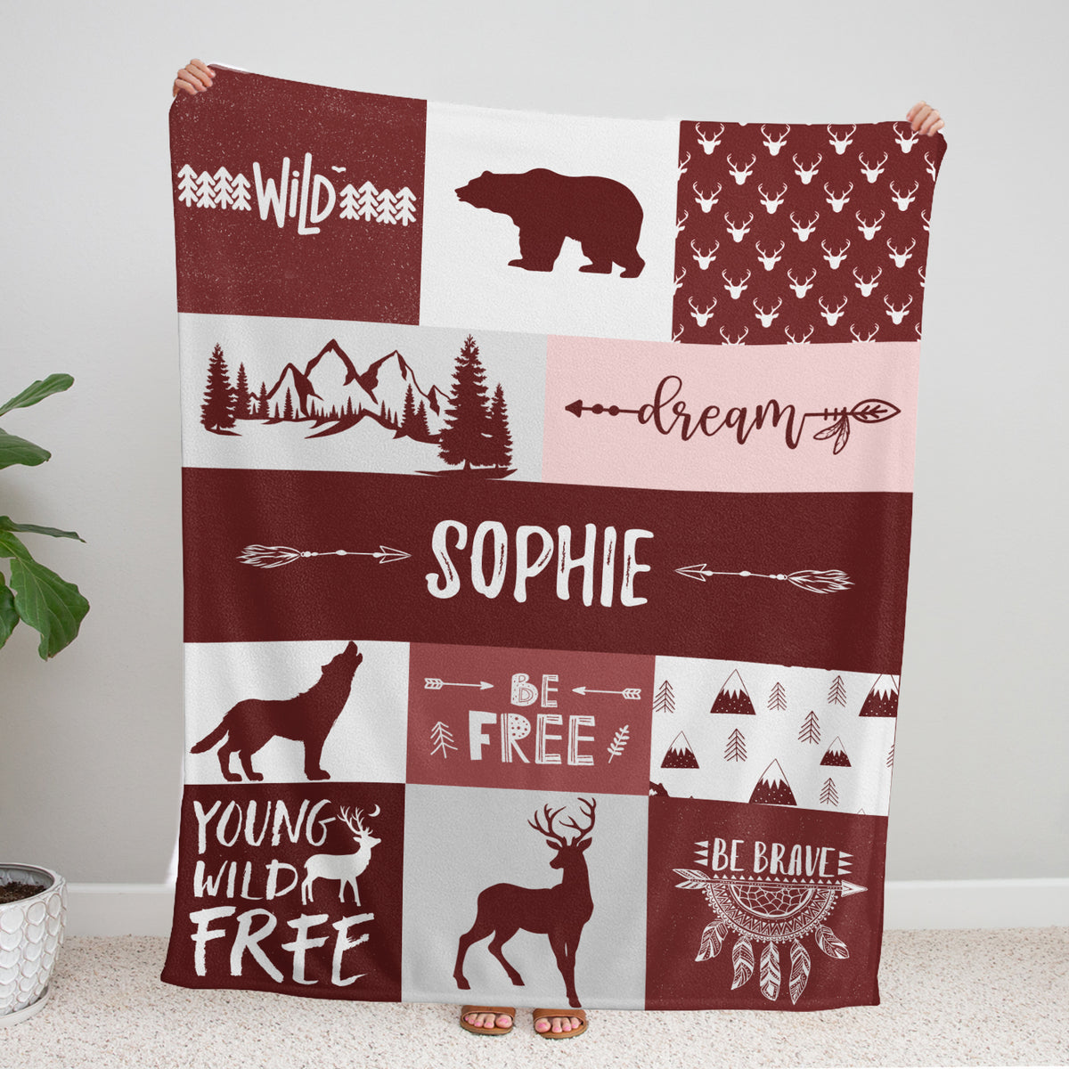Personalized Baby Blankets for Boys, Baby Woodland Blanket, Red Deer Bear Wolf Swaddle Blanket, 3 Sizes Plush Blankets for Baby Boy Son