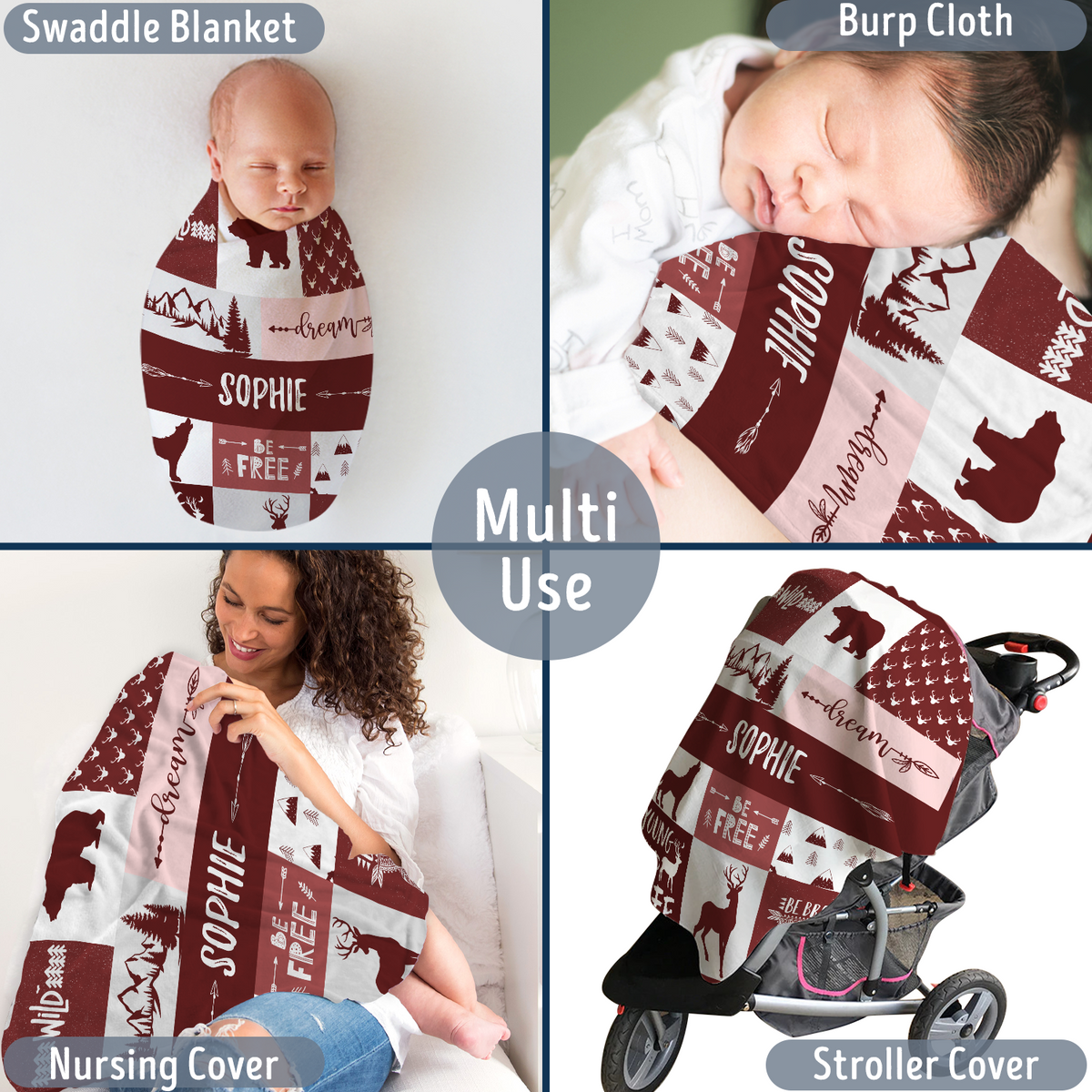 Personalized Baby Blankets for Boys, Baby Woodland Blanket, Red Deer Bear Wolf Swaddle Blanket, 3 Sizes Plush Blankets for Baby Boy Son