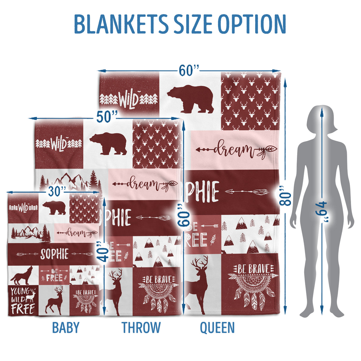 Personalized Baby Blankets for Boys, Baby Woodland Blanket, Red Deer Bear Wolf Swaddle Blanket, 3 Sizes Plush Blankets for Baby Boy Son