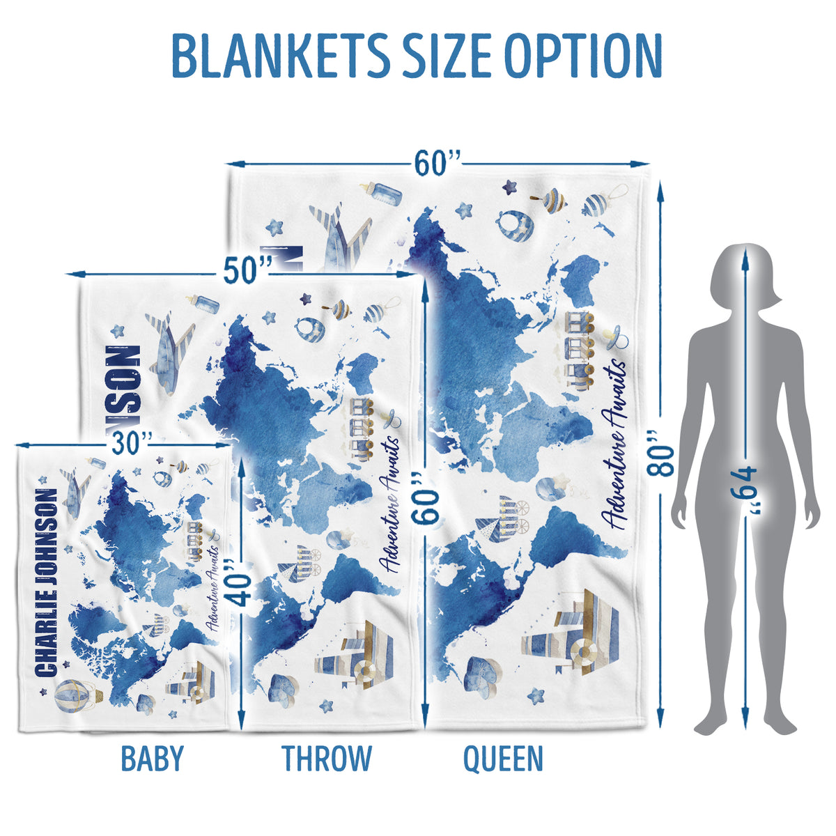 Personalized Baby Blankets for Boys, Blue Baby Blanket, Swaddle Blanket, Plush Blankets for Son Grandson Newborn Toddlers Kids