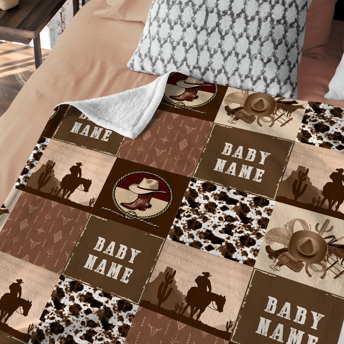 Personalized Baby Blankets for Boys, Brown Cowboy Baby Blankets for Girls, 3 Sizes Fleece Blankets for Infant Newborn Son Daughter