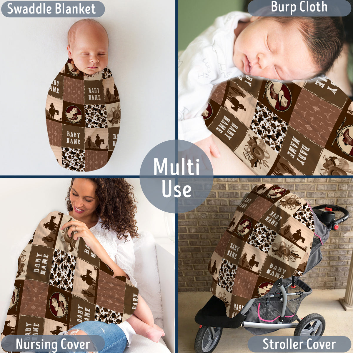 Personalized Baby Blankets for Boys, Brown Cowboy Baby Blankets for Girls, 3 Sizes Fleece Blankets for Infant Newborn Son Daughter