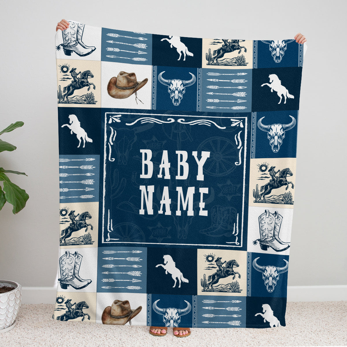 Personalized Baby Blankets for Boys, Cowboy Blanket for Son, Blue Blanket, Western Nursery Decorations, for Family Friends