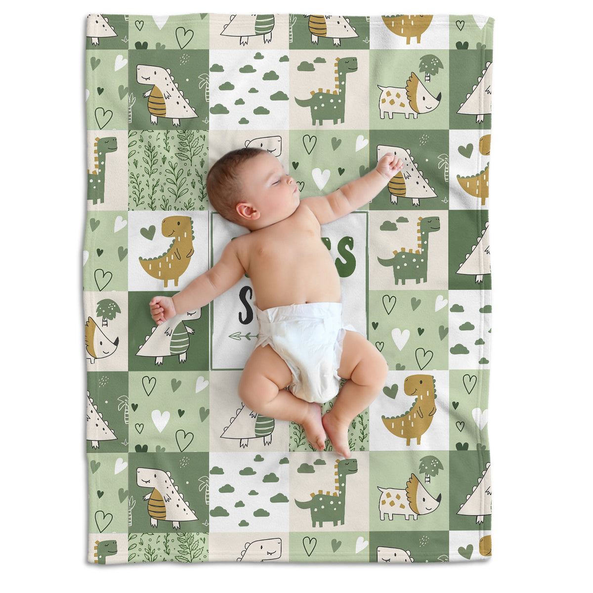 Personalized Baby Blankets for Boys, Dinosaur Baby Blanket Custom Name, Green Swaddle Blanket, 3 Sizes Plush Blankets for Baby Boy Son Newborn Infant