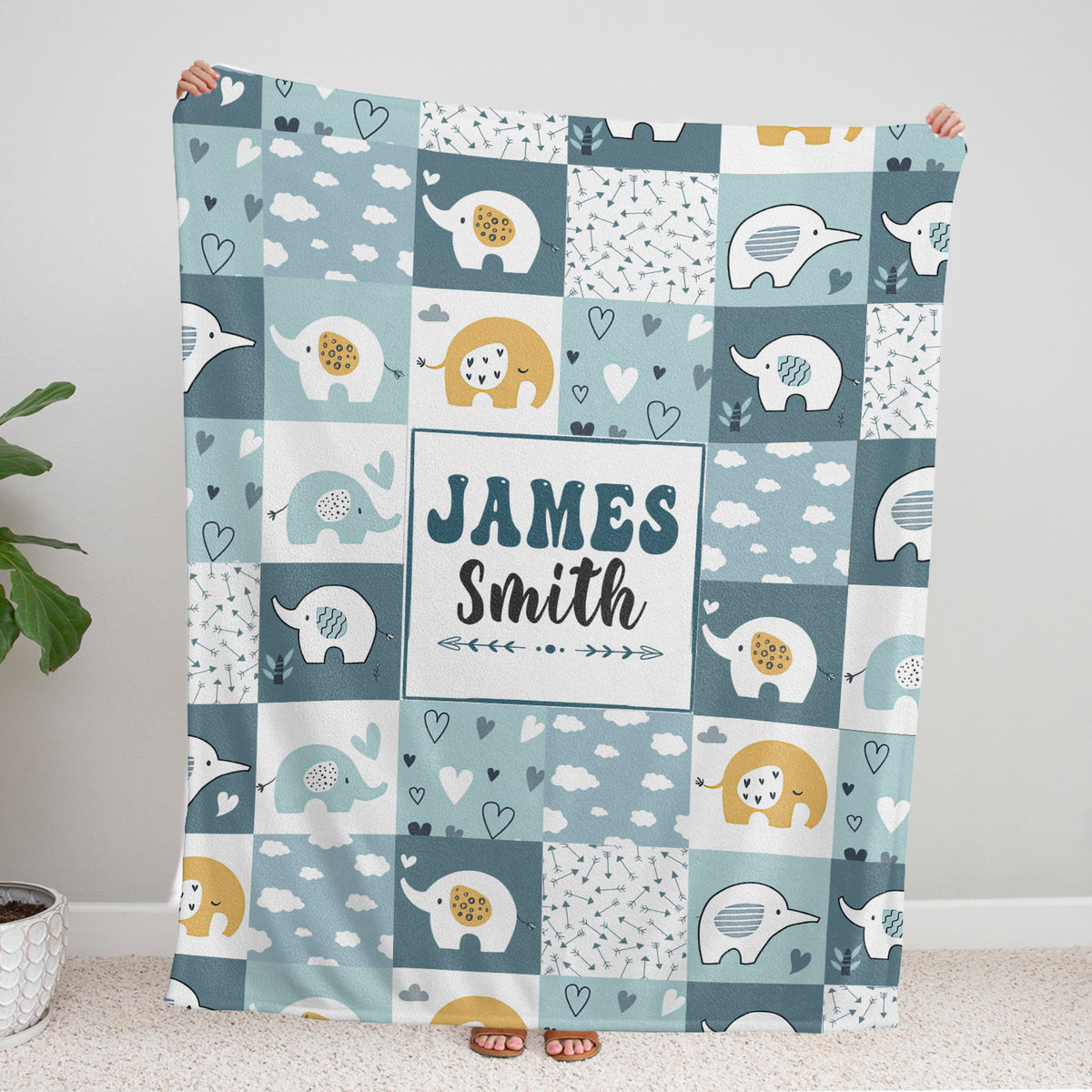 Personalized Baby Blankets for Boys, Elephant Baby Blanket Name, Blue Swaddle Blanket, 3 Sizes Plush Blankets for Baby Boy Son Newborn Infant