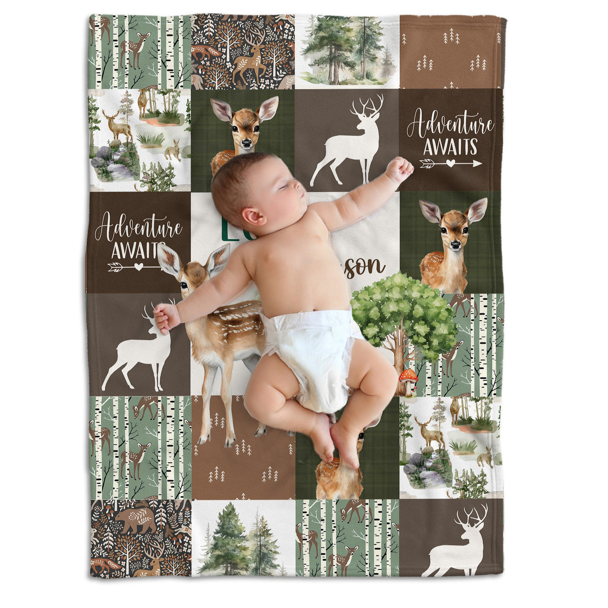 Personalized Baby Blankets for Boys Girl, Baby Woodland Stuff, Nursery Decor, for Son Daughter, Woodland Animal (Deer)