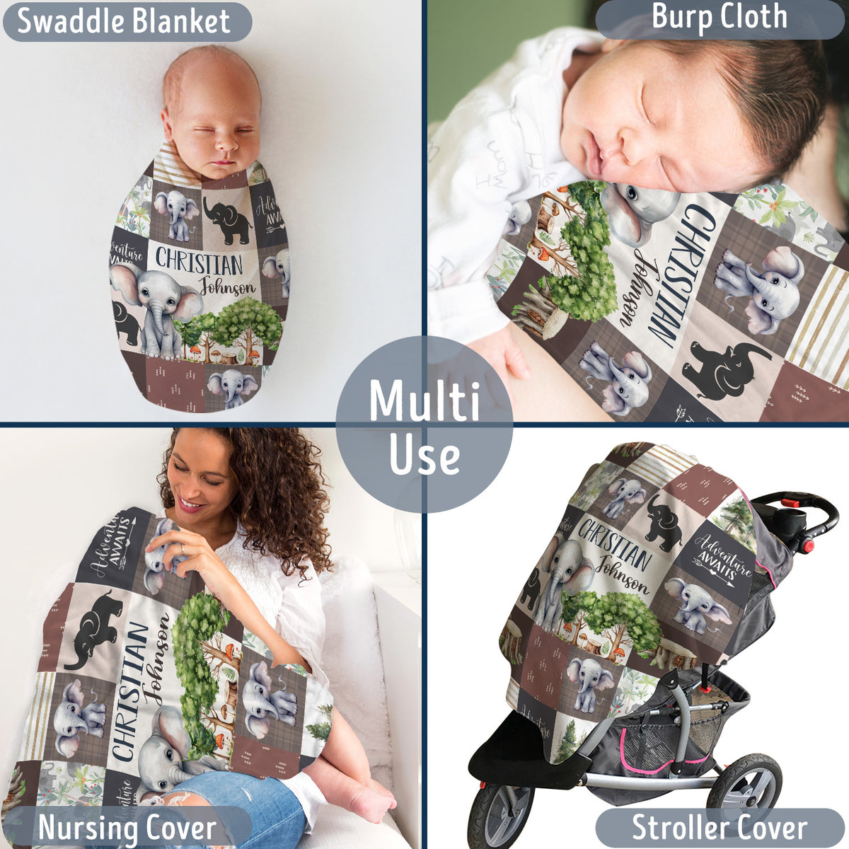 Personalized Baby Blankets for Boys Girl, Baby Woodland Stuff, Nursery Decor, for Son Daughter, Woodland Animal (Elephant)