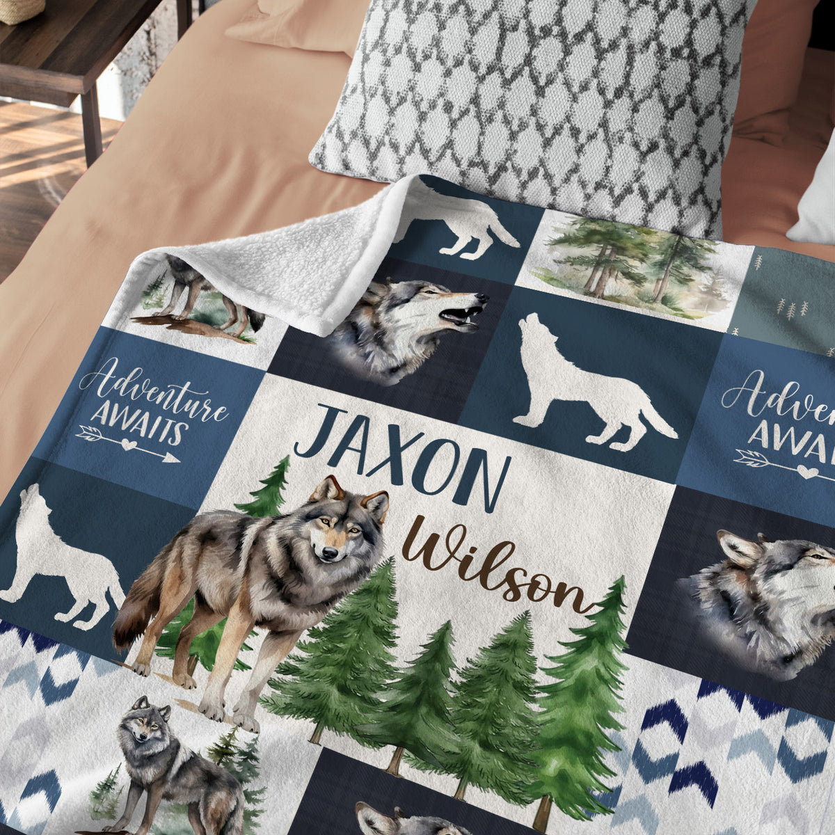 Personalized Baby Blankets for Boys Girl, Baby Woodland Stuff, Nursery Decor, for Son Daughter, Woodland Animal (Wolf)